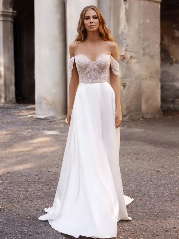 White Simple Wedding Dress Satin Fabric Strapless Sleeveless Cut Out A-Line Off The Shoulder Long Bridal Dresses Wedding Dress Set