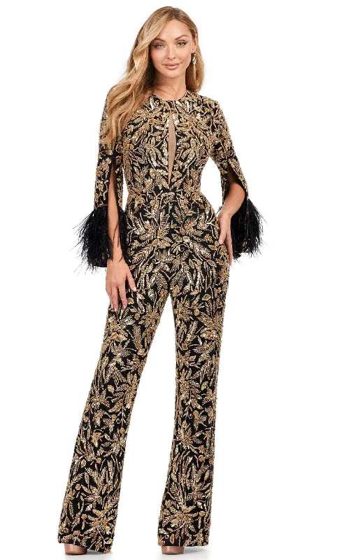 Ashley Lauren 11394 - Feather Detailed Long Sleeve Jumpsuit Cotton maxi dresses