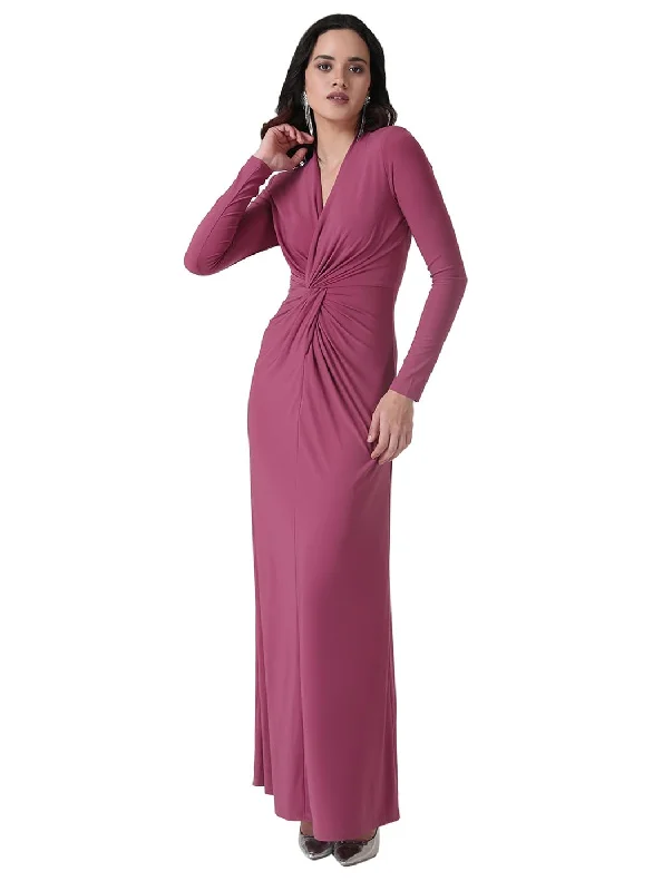 Kazo Solid V Neck Poly Cotton Women's Maxi Dress (Pink) Wedding guest maxi dresses