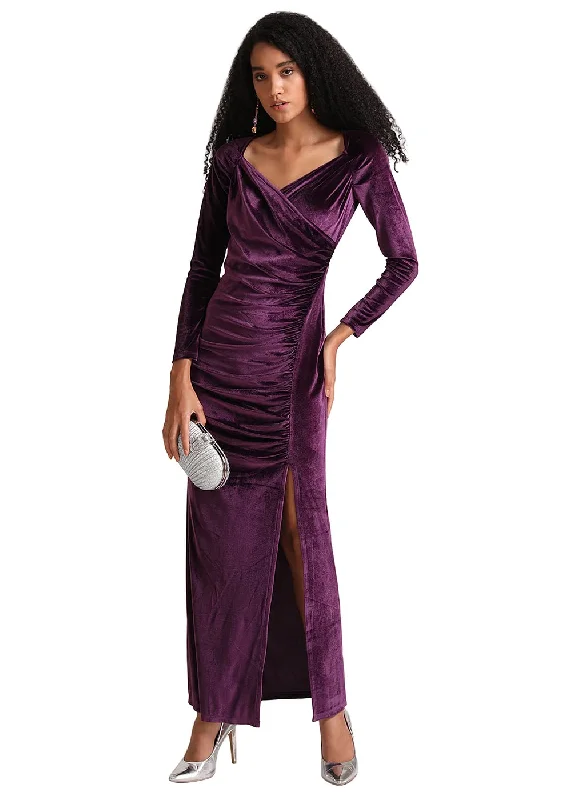 Kazo Solid Velvet V Neck Women's Maxi Dress (Purple) Best maxi dresses for petites