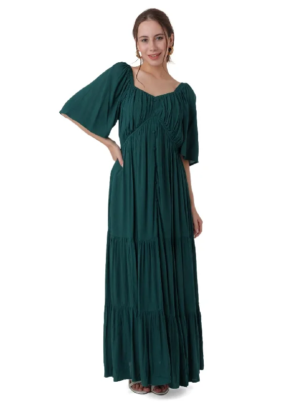 Zink London Women's Dark Cedar Solid Tiered Maxi Dress Green Vacation maxi dresses