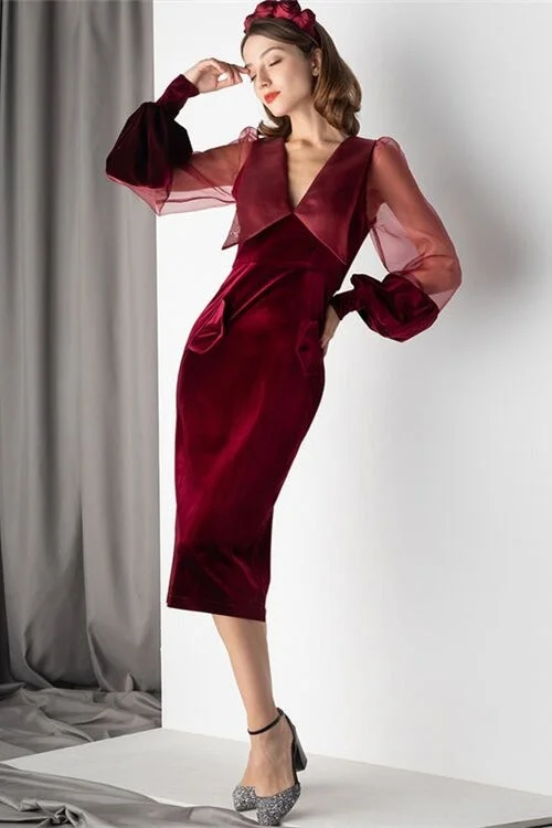 Illusion Long Sleeves Burgundy Velvet Midi Dress Boho midi dresses