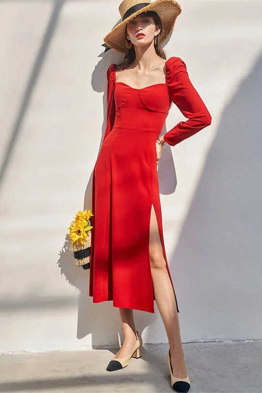 Red Long Sleeves Midi Dress Party midi dresses