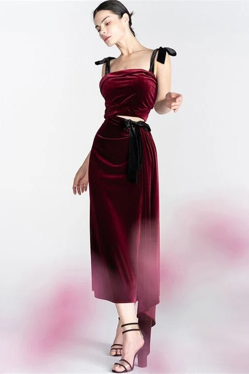 Two Piece Burgundy Velvet Midi Dress Beach midi dresses