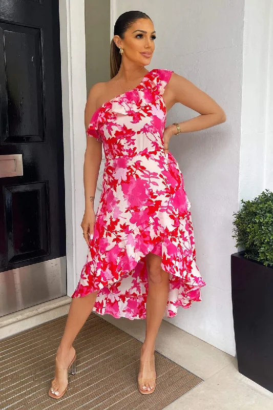 Annie Pink Floral One Shoulder Dipped Hem Dress Cute floral print summer dresses