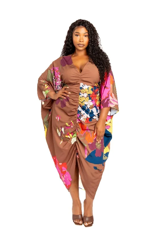 Printed Ruched Kaftan Dress With Inside Waist Tie Elegant floral dresses