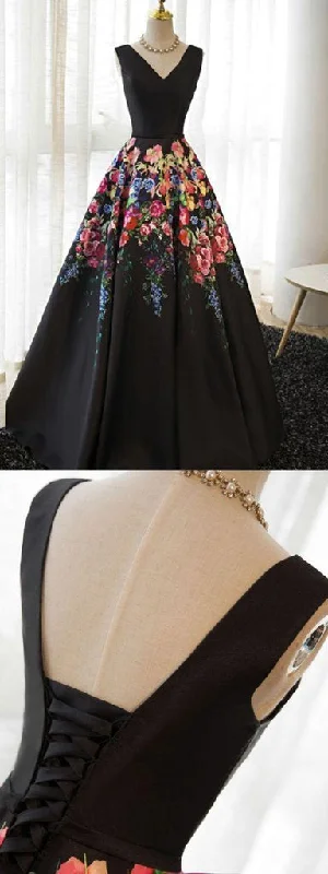 Black Satin Floral Prints Sleeveless Lace Up Back Prom Dresses Date night floral dresses