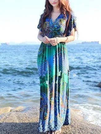 Bohemia Floral-Printed Short Sleeve V Neck Waisted Beach Long Dress Party floral dresses