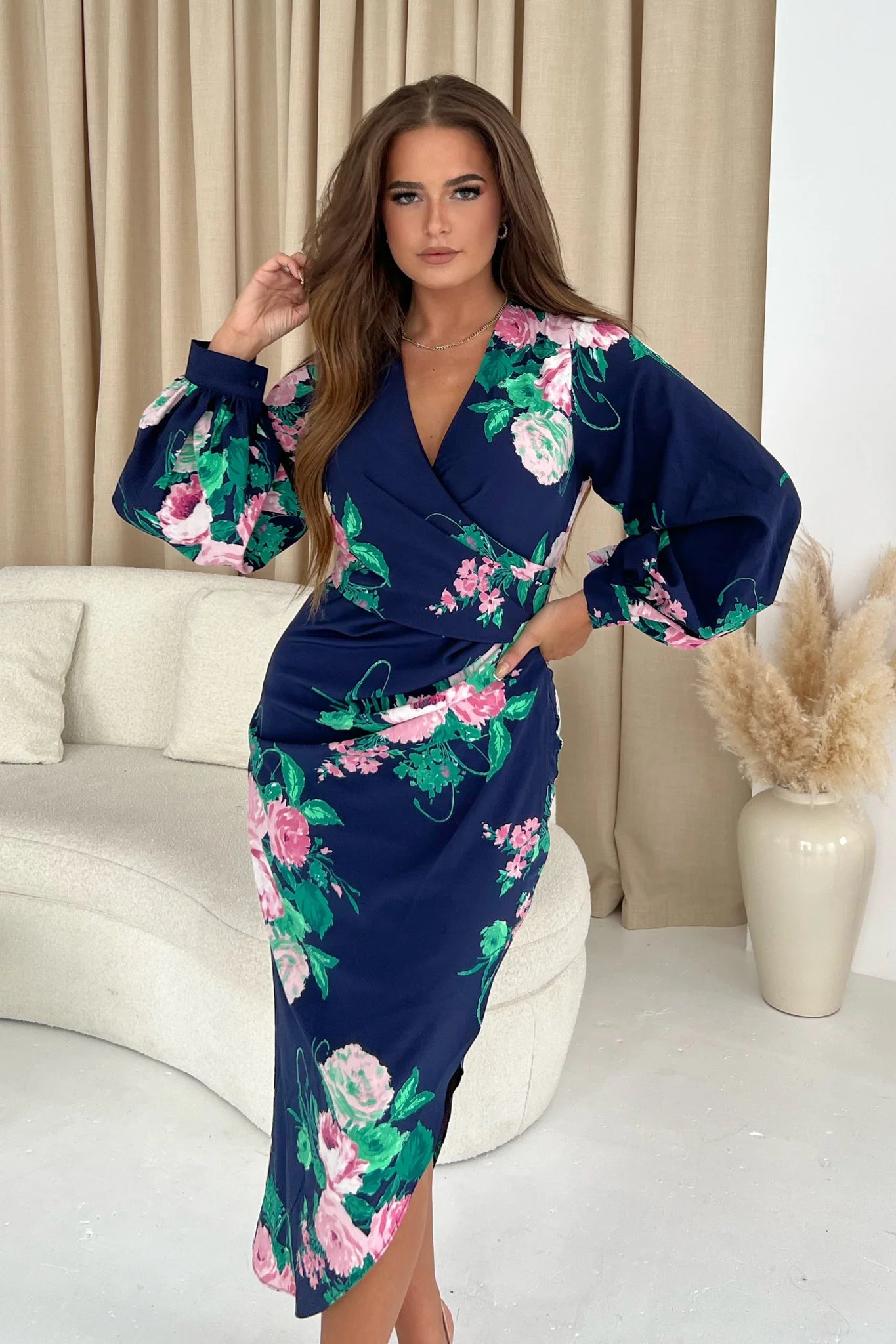 Alexa Navy Pink Floral Asymmetric Long Sleeve Dress Luxury floral dresses