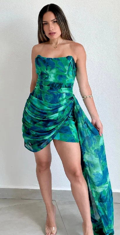 Effortless Attraction Green Print Strapless Dress Best floral dresses for hourglass body shape