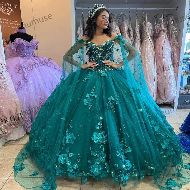 Green Princess Quinceanera Beaded With Cape Floral 3D Flowers V Neck Prom Dress Cocktail floral dresses