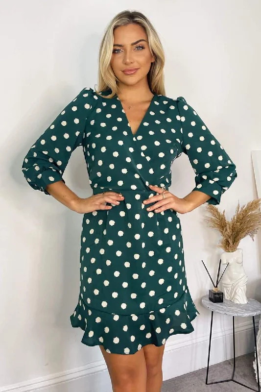 Jenna Emerald Green Spot Print Frill Hem Dress Women's trendy floral dresses sale