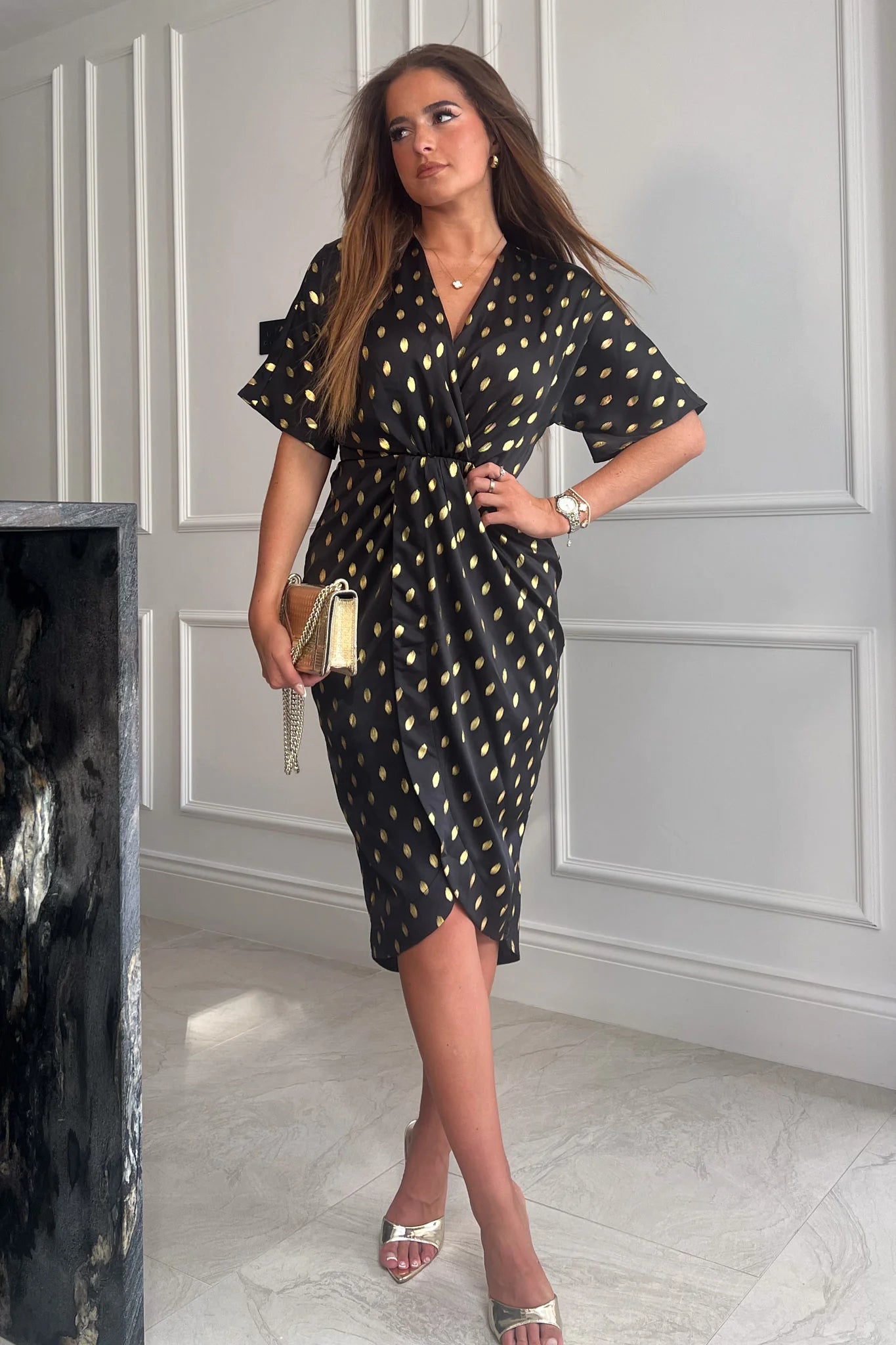 Jody Black and Gold Foil Printed Wrap Style Dress Cocktail floral dresses