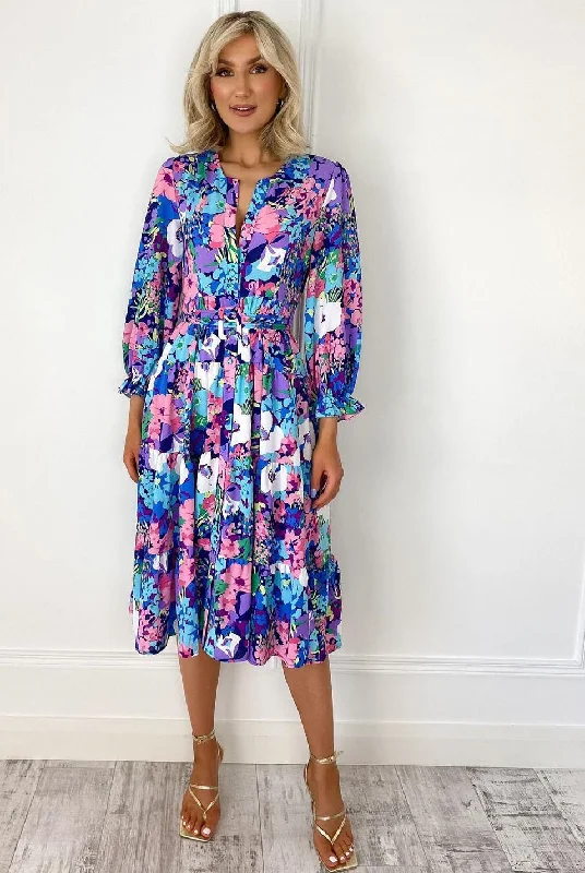 Ola Pink Blue Floral Print Belted Shirt Dress Wrap floral dresses