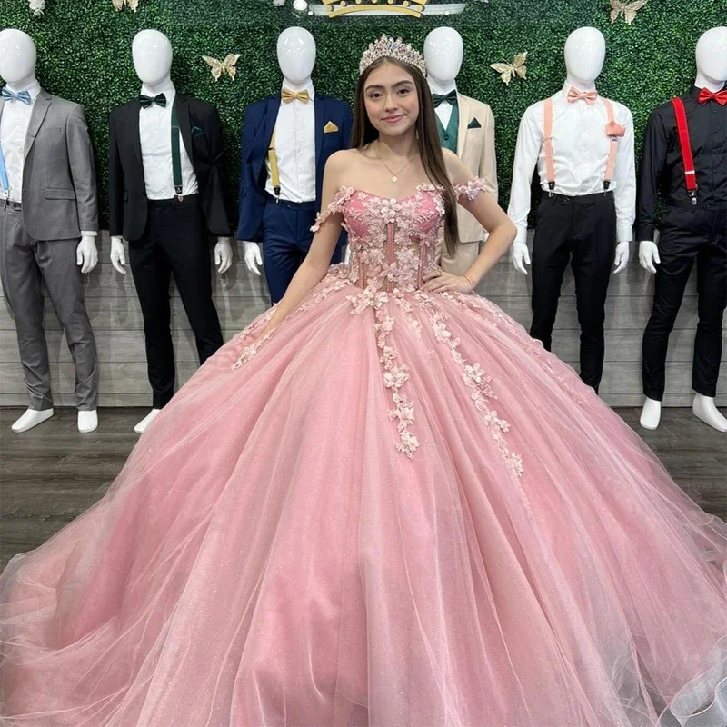 Pink Floral Quinceanera Dresses Off Shoulder 3D Flower Lace Appliques Birthday Party Ball Gown Vestidos De 15 Anos Best floral dresses for petites