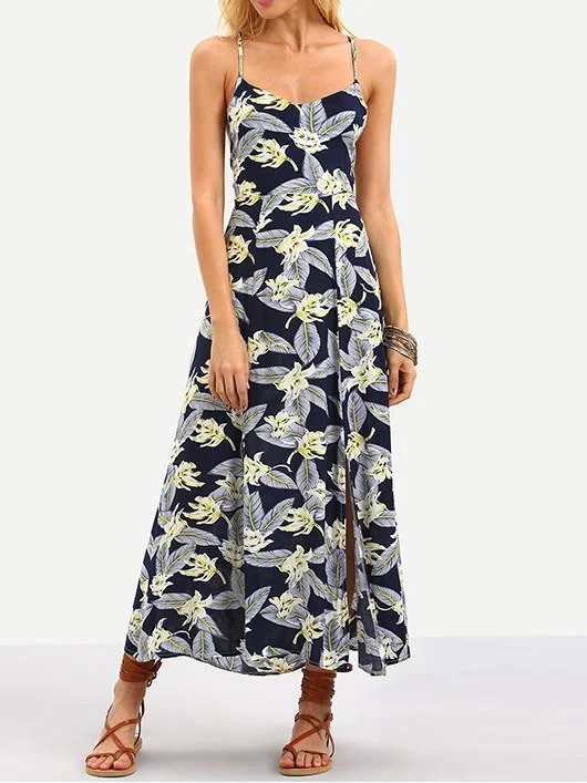 Popular Floral-Print Stripes Sleeveless Off-Back Side Split Beach Long Dress Fashion-forward floral dresses