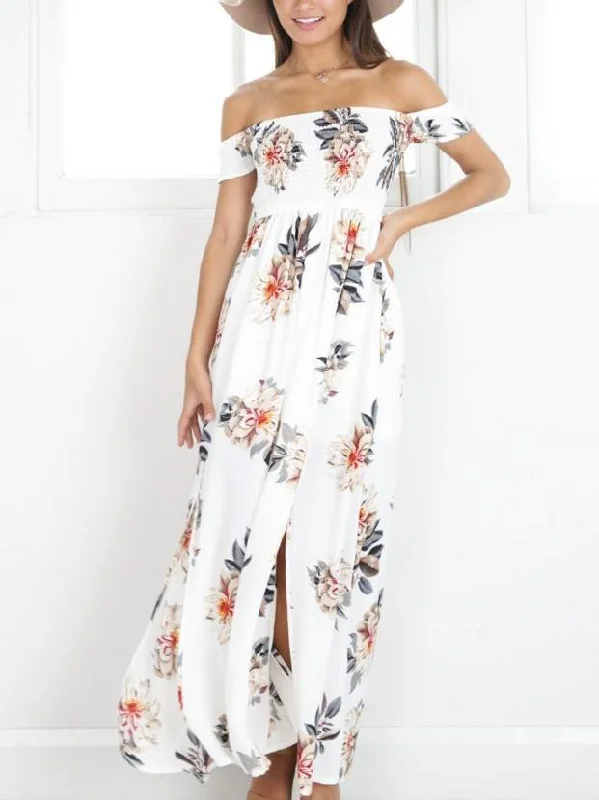 White Floral Off Shoulder Front Split Dress Versatile floral dresses for all occasions