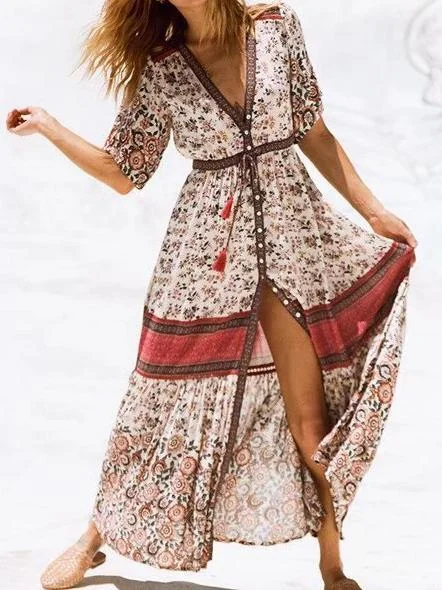 Print Short Sleeve V Neck Vintage Bohemia Dress Boho floral dresses