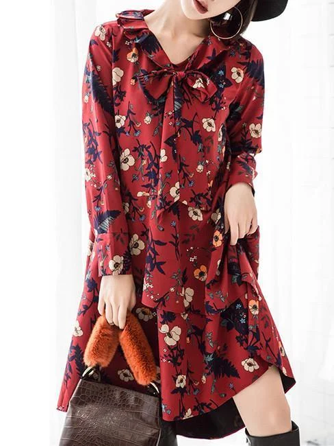 Retro Red Floral-Printed Long Sleeve Fabala Neck Bohemia Dress H&M floral dresses