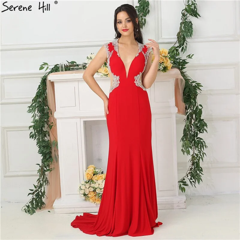 On Sale no return no refundSale 2024 Red Deep V-Neck Sexy Evening Dresses Beading Sleeveless Bride Toasting Evening Gowns Serene Hill LA6680 Wrap unclassified dresses