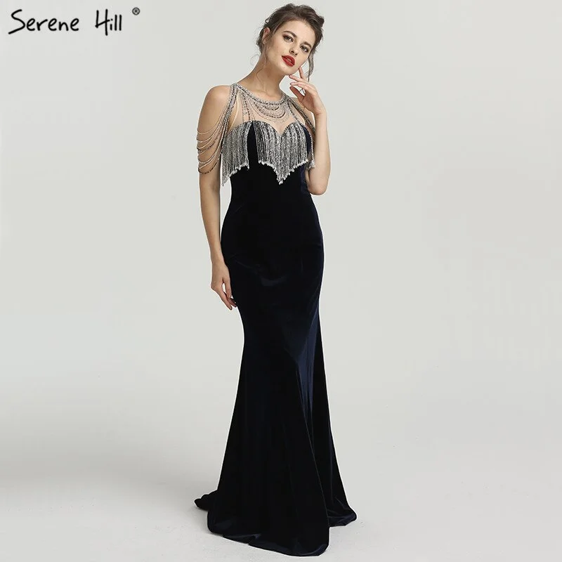 On Sale no return no refundSale 2024 Sleeveless Beading Tassel Mermaid Evening Dresses New Red Velour Sexy Elegant Evening Gowns Serene Hill LA6586 Sexy unclassified dresses