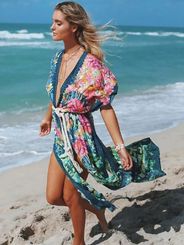 Ashoreshop Seaside Vacation kimono Dress Cover Ups  sexy Side split beach Kaftan women Petite unclassified dresses