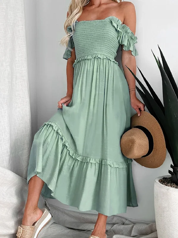 Blue Zone Planet |  Frill Smocked Off-Shoulder Ruffle Sleeve Dress Elegant evening unclassified dresses