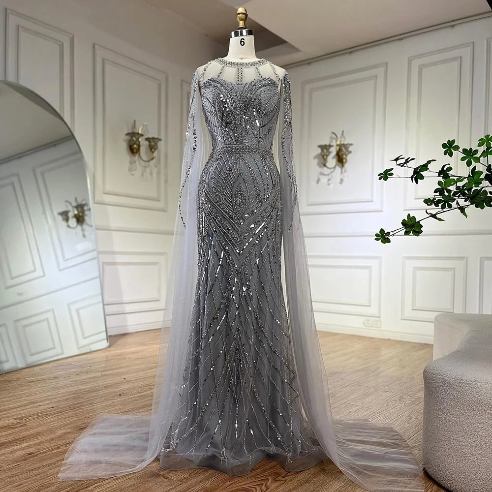 Customized 2024 Arabic Gray Mermaid Evening Dress With Beaded Elegant Cape Sleeves Gown For Formal Occasion LA72611 High-low unclassified dresses