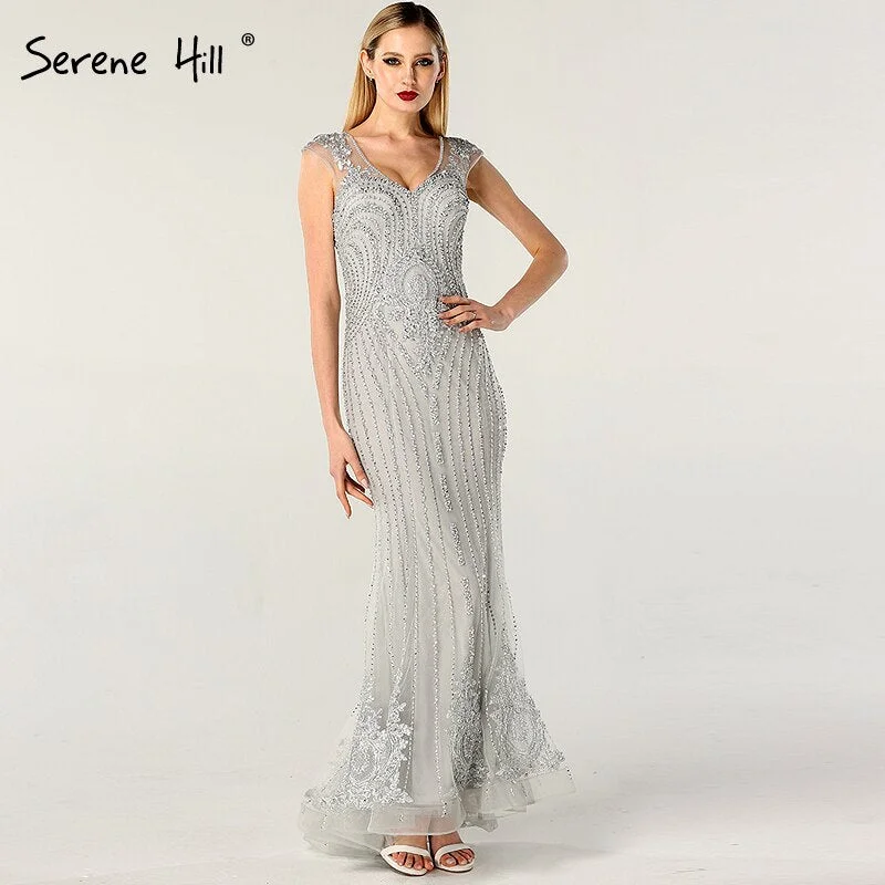 On Sale no return no refundSale Dubai Design Grey V-Neck Luxury Evening Dresses Beading Pearls Cap Sleeve Sexy Evening Gowns 2024 Serene Hill LA60821 Spring unclassified dresses