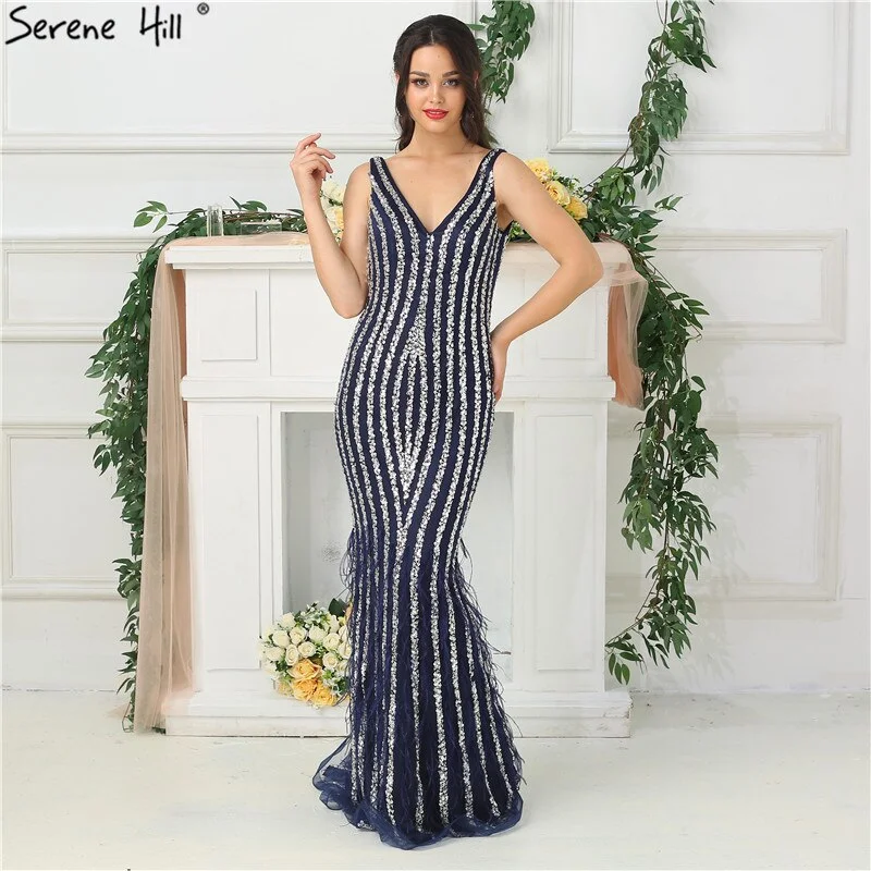 Sale Dubai Designer Luxury Blue Sexy Evening Dresses 2024 Deep-V Backless Diamond Beading Evening Gowns Real Photo LA6585 Sleeveless unclassified dresses