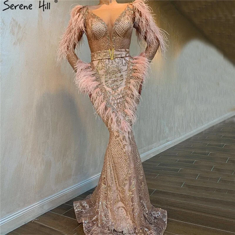 On Sale No Return No Refund Sale Dubai Rose Gold Mermaid Sexy Evening Dresses 2024 Luxury Feathers Beading Sparkle Formal Dress Serene Hill LA60902 Anniversary unclassified dresses