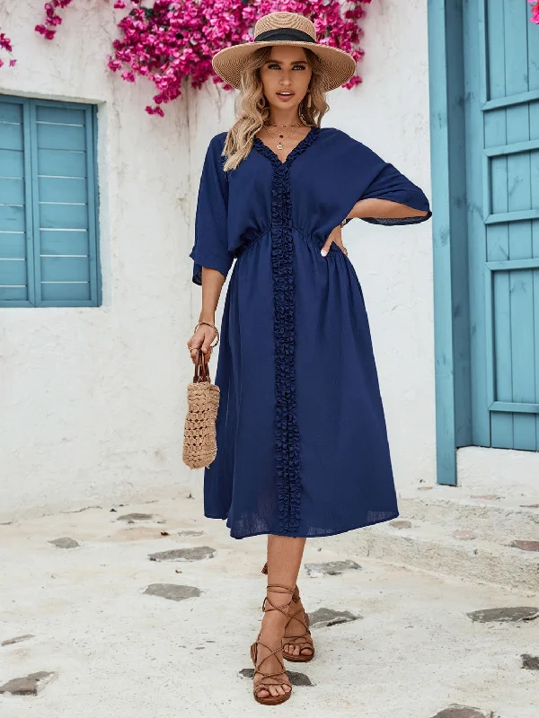 Blue Zone Planet |  Frill Slit V-Neck Three-Quarter Sleeve Dress Wedding guest unclassified dresses