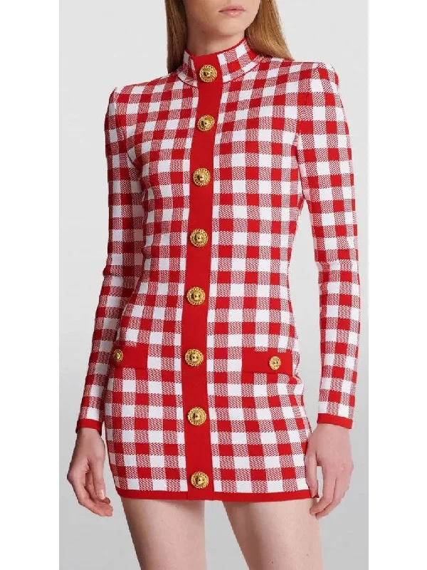 Gingham Fine Knit Dress in Red and White Fall unclassified dresses