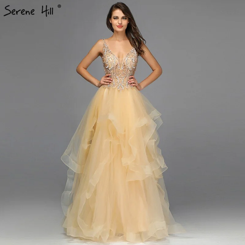 On Sale No Return No Refund Sale Gold V-Neck Beading Diamond Evening Dressese A-Line Sleeveless Sexy Evening Gowns Design 2024 Serene Hill LA70149 Budget-friendly unclassified dresses