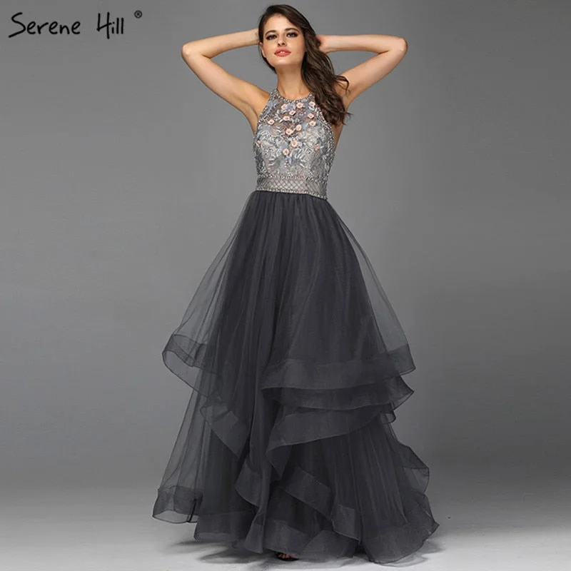 Sale Grey Sleeveless Sexy A-Line Evening Dresses Design 2024 Backless Beading Crystal Evening Gowns Real Photo LA70144 Dark color unclassified dresses