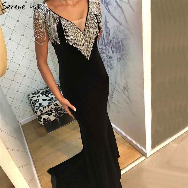 On Sale no return no refundSale Navy Blue Beading Tassel Velour Evening Dresses 2024 Dubai Deep-V Sleeveless Sexy Evening Gowns Serene Hill LA6351 Pastel unclassified dresses