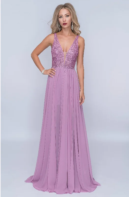 Nina Canacci - 8159SC Dazzling V-Neck Pleated A-Line Chiffon Gown Beach unclassified dresses