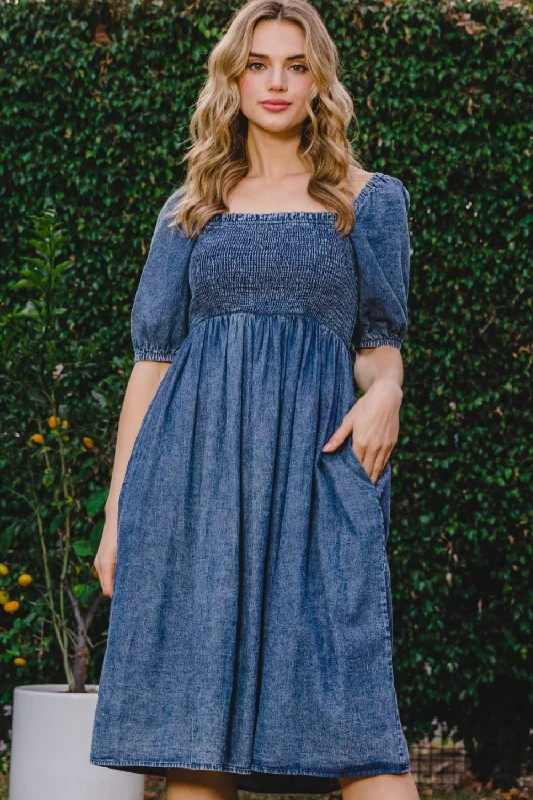 Blue Zone Planet |  ODDI Full Size Washed Smocked Puff Sleeve Dress High-low unclassified dresses