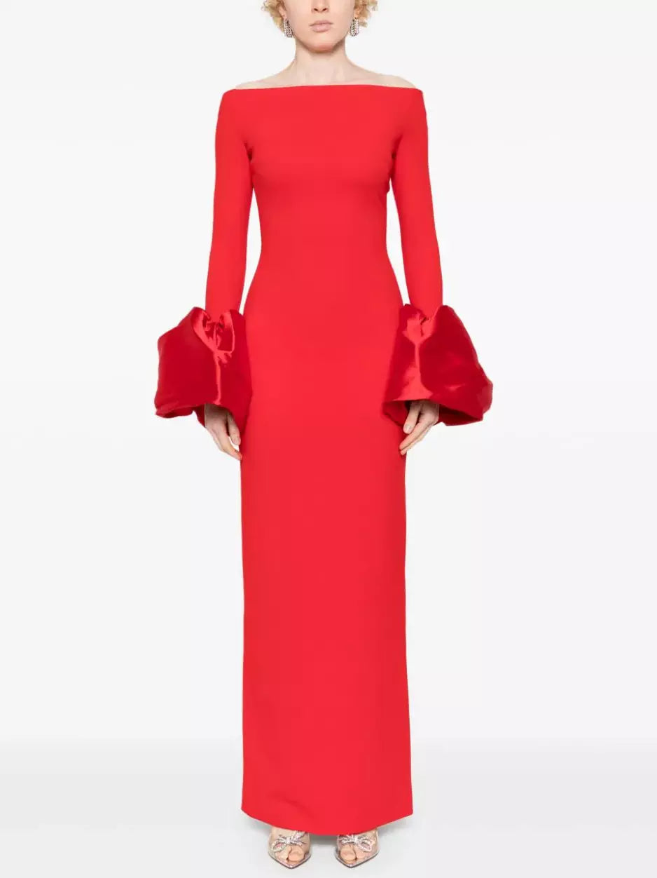 Off-Shoulder Gown with Oversized-Cuffs in Red Embroidered unclassified dresses