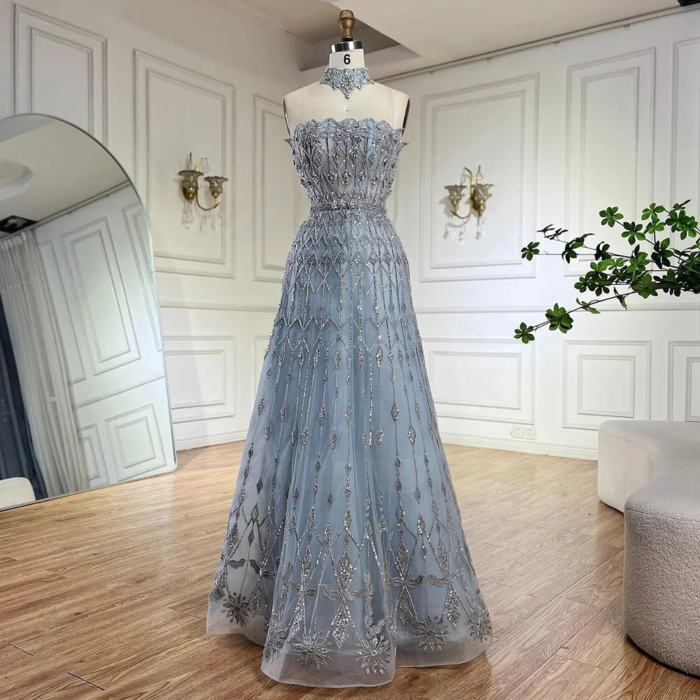 Serene Hill 2024 Arabic A-Line Elegant Strapless Blue Saudi Evening Gown Luxury Beaded Dress for Formal Occasion LA72717 Color block unclassified dresses