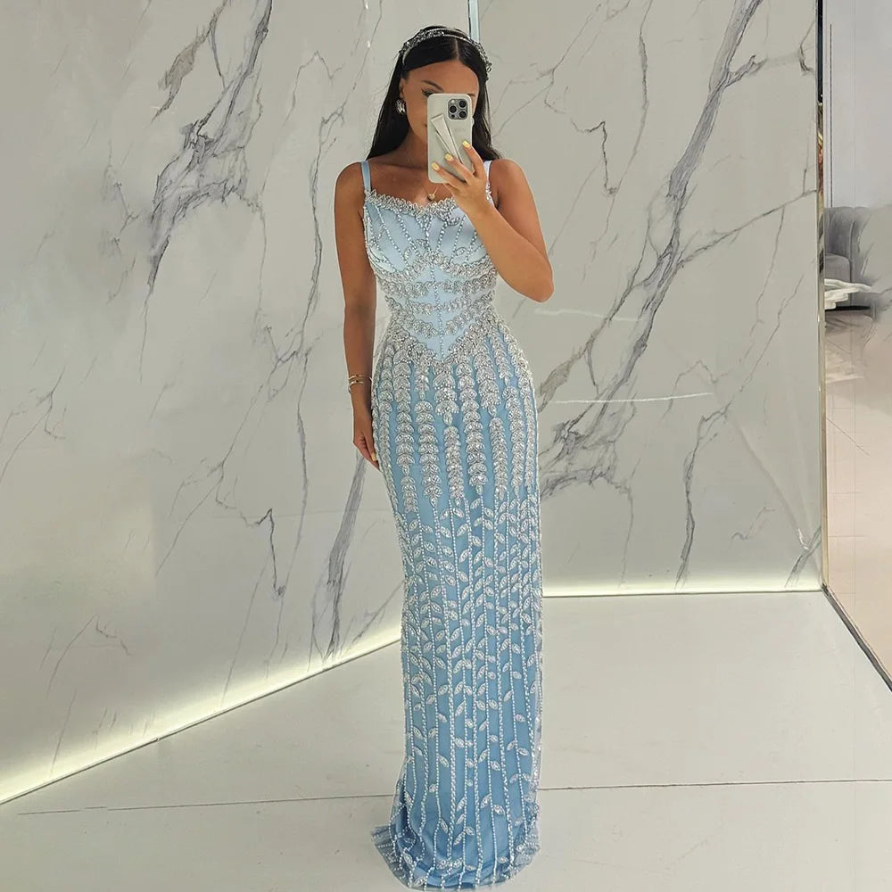 Serene Hill 2024 Arabic Blue Spaghetti Strap Mermaid Gown Luxury Beaded Saudi Evening Dress for Formal Occasion LA72725 Vintage unclassified dresses