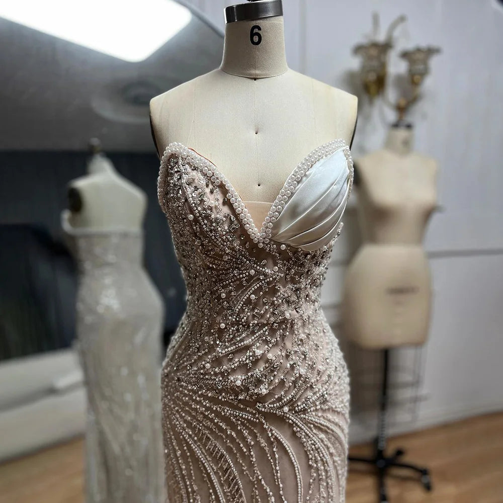 Serene Hill 2024 Arabic White Nude Mermaid Gown Pearls Beaded Luxury Saudi Evening Dress for Formal Occasion LA72712 Casual chic unclassified dresses