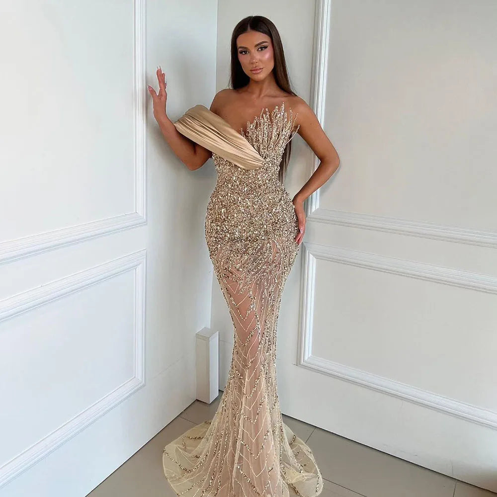 Serene Hill 2024 Elegant Caramel  One Shoulder Saudi Arabic Evening Gown with Beaded Dress for Formal Occasion LA72577 Smocked unclassified dresses