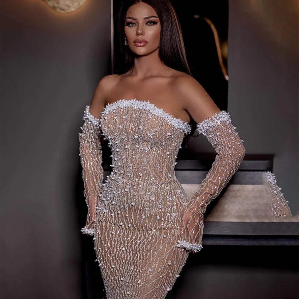 Serene Hill 2024 Elegant White Nude Arabic Strapless Evening Gown Beaded Dress with Gloves for Formal Occasion LA72649 Open-back unclassified dresses