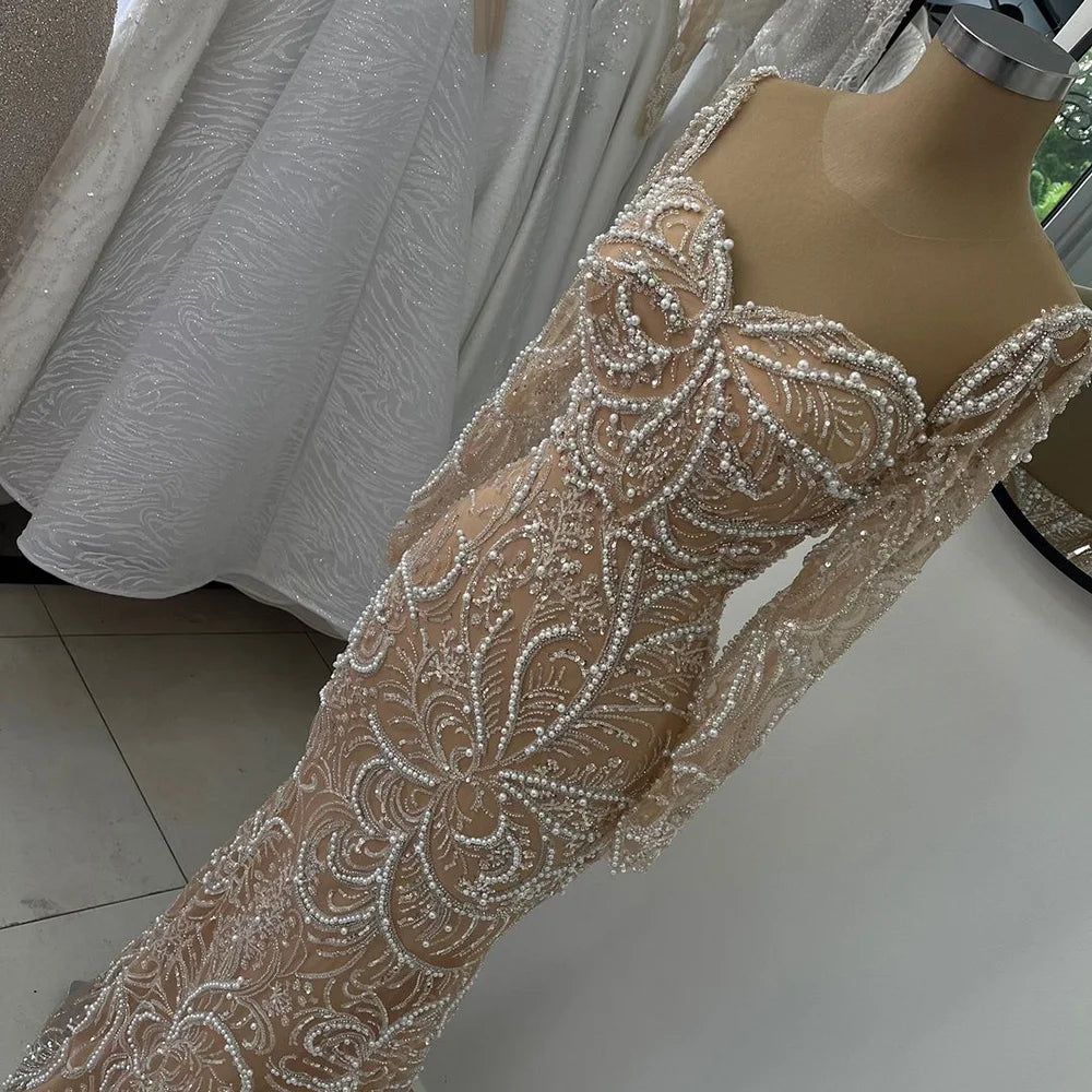 Serene Hill 2024 Nude Mermaid Luxury Pearls Beaded Arabic Evening Gowns for Formal Occasion Dress LA72648 High-low unclassified dresses