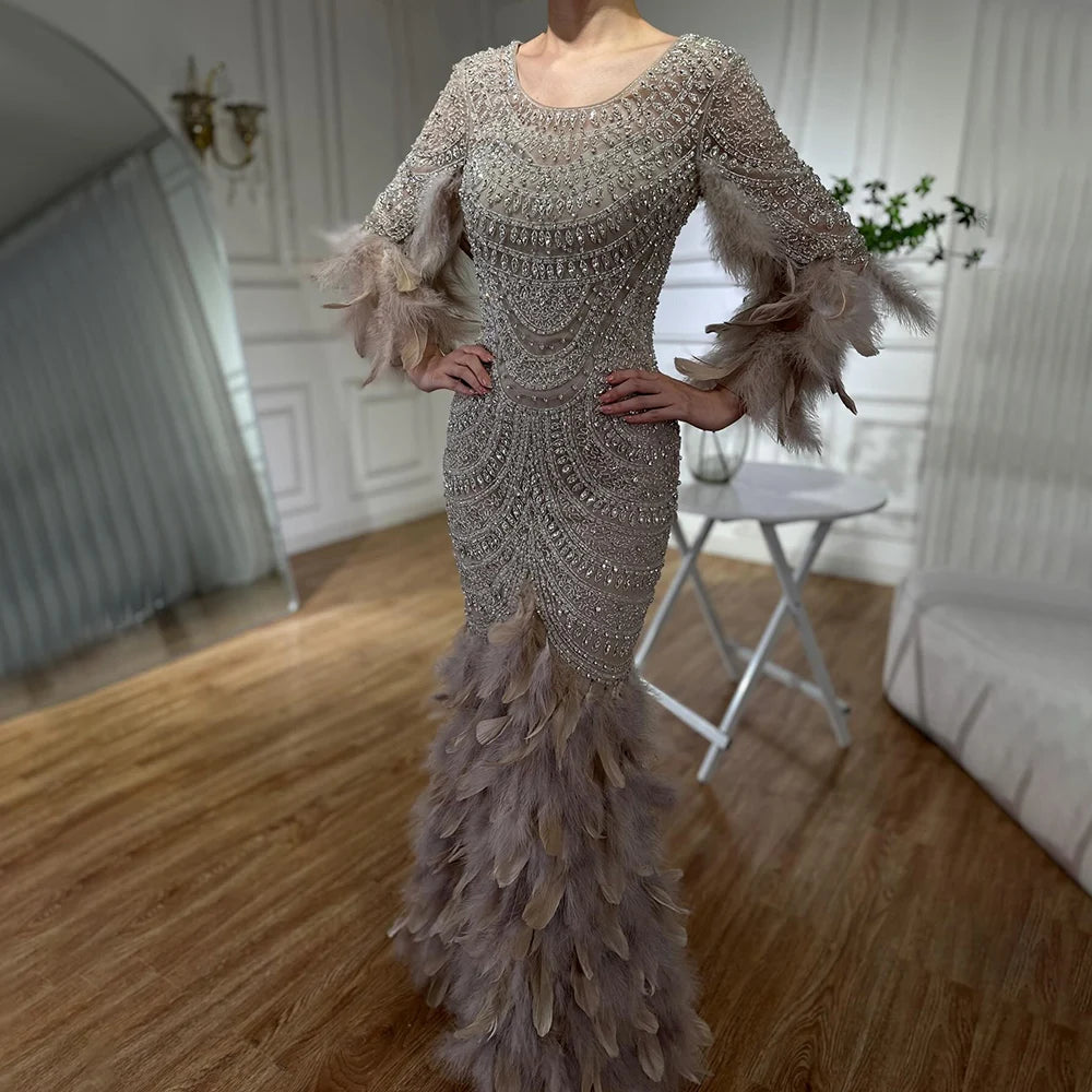 Serene Hill 2024 Nude Saudi Arabic Evening Gown with Beaded Feathers Dress for Formal Occasion LA72736 Off-shoulder unclassified dresses