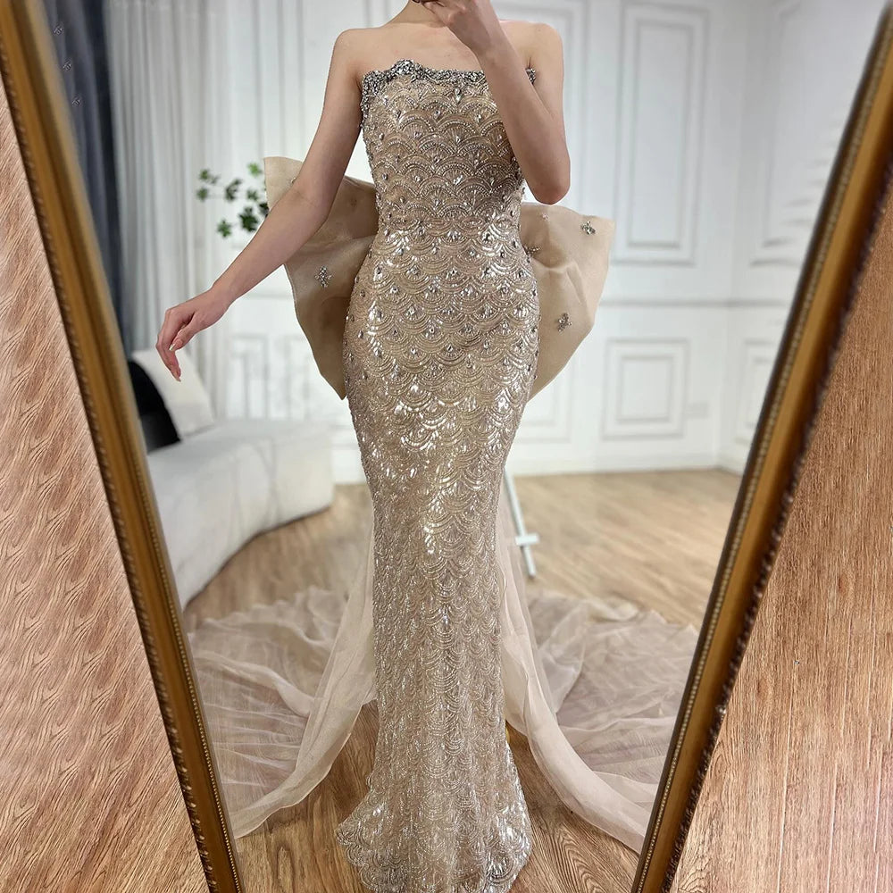 Serene Hill 2024 Nude Saudi Arabic Strapless Evening Gown with Beaded Tassel Dress for Formal Occasion LA72730 Summer unclassified dresses