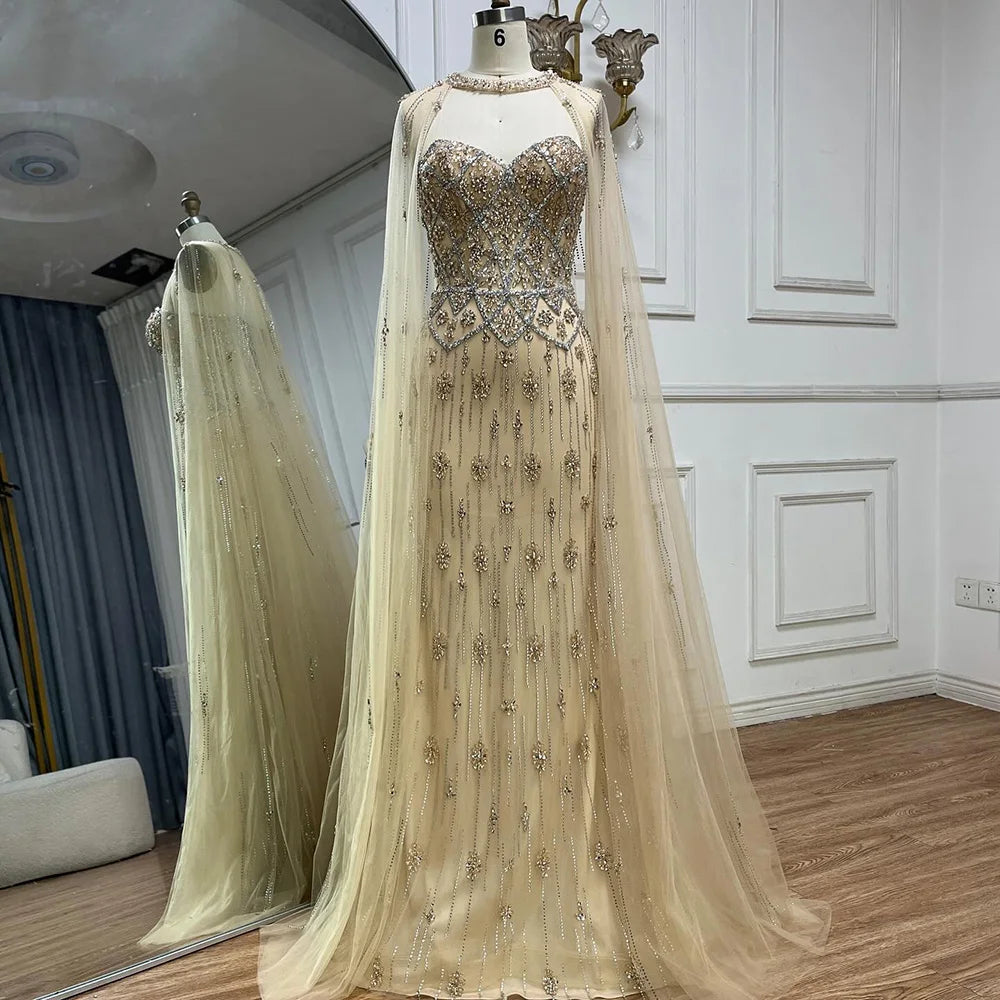 Serene Hill 2024 Nude Saudi Evening Gown Mermaid Detachable Cape Sleeves Luxury Beaded Dress for Formal Occasion LA72716 Knitted unclassified dresses