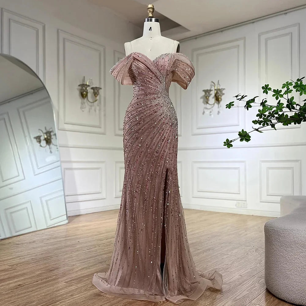 Serene Hill 2024 Off The Shoulder Pink Mermaid Beaded Luxury Evening Dress with Side Split for Formal Occasion Saudi LA72481 Trendy unclassified dresses