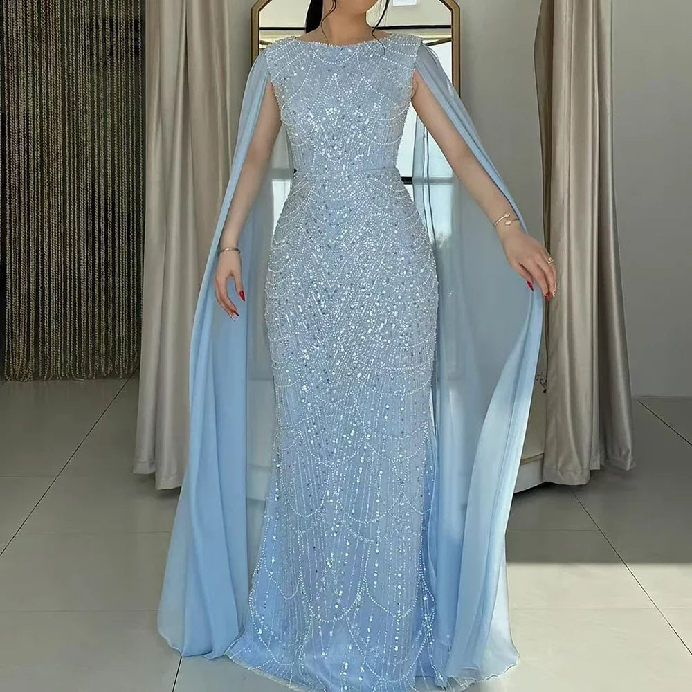 Serene Hill 2024 Saudi Arabia Blue Mermaid Cape Sleeve Luxury Beaded Evening Gown for Formal Occasion LA72160A Elegant evening unclassified dresses